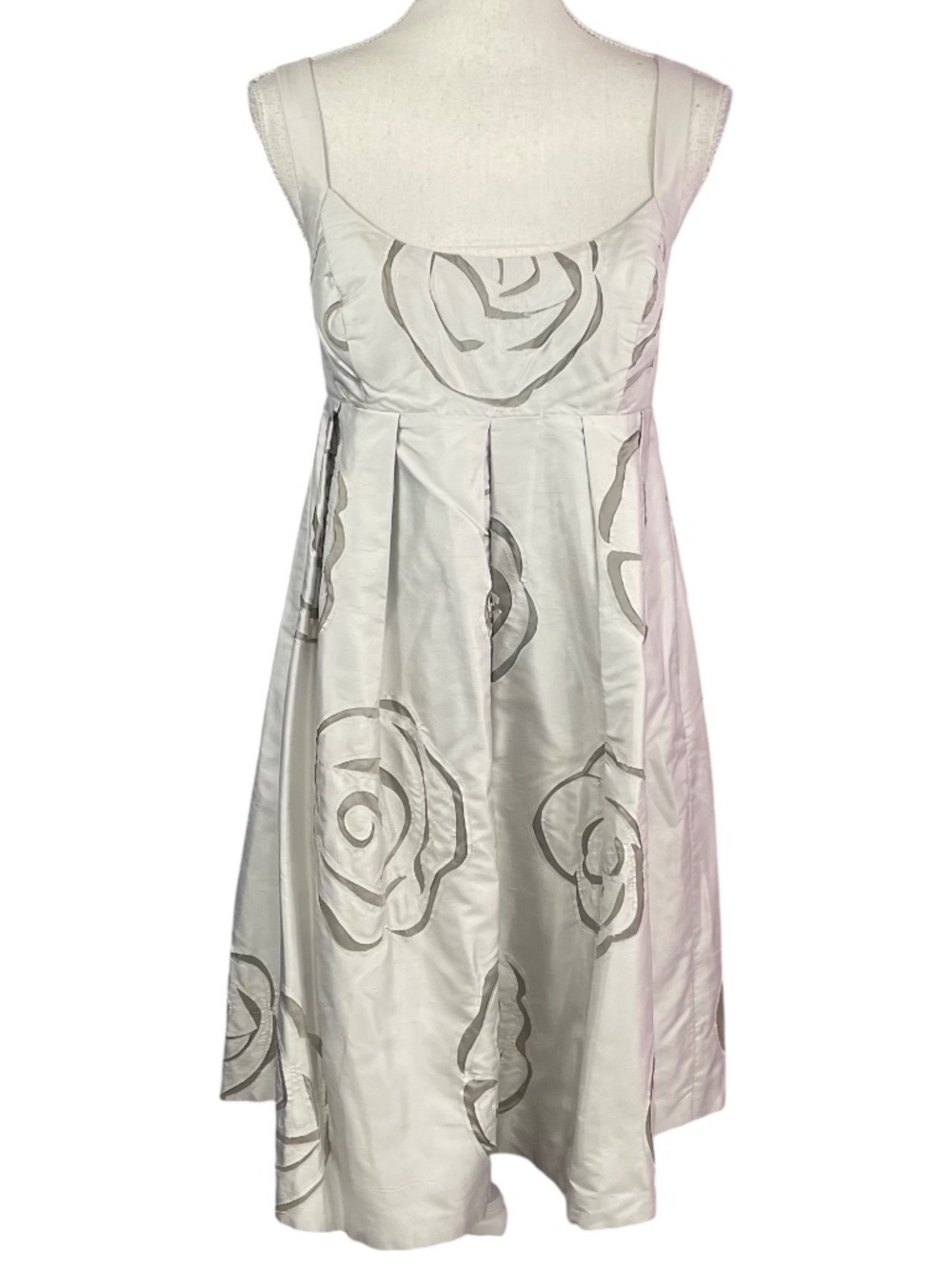 100% Silk Rose Textured Dress 8 Silver Gray Y2K Spaghetti Slim Strap A-Line Knee